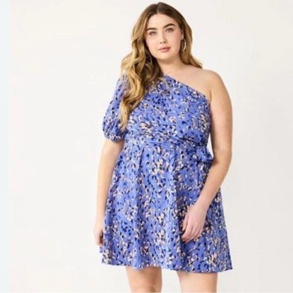 Nine West Blue Cheetah One Shoulder Dress
